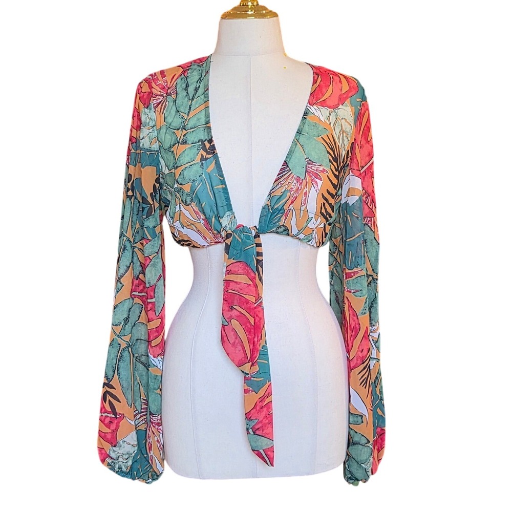 PrettyLittleThing Teal, Coral & Tan Tropical Tie-Front Swim Cover-Up Top